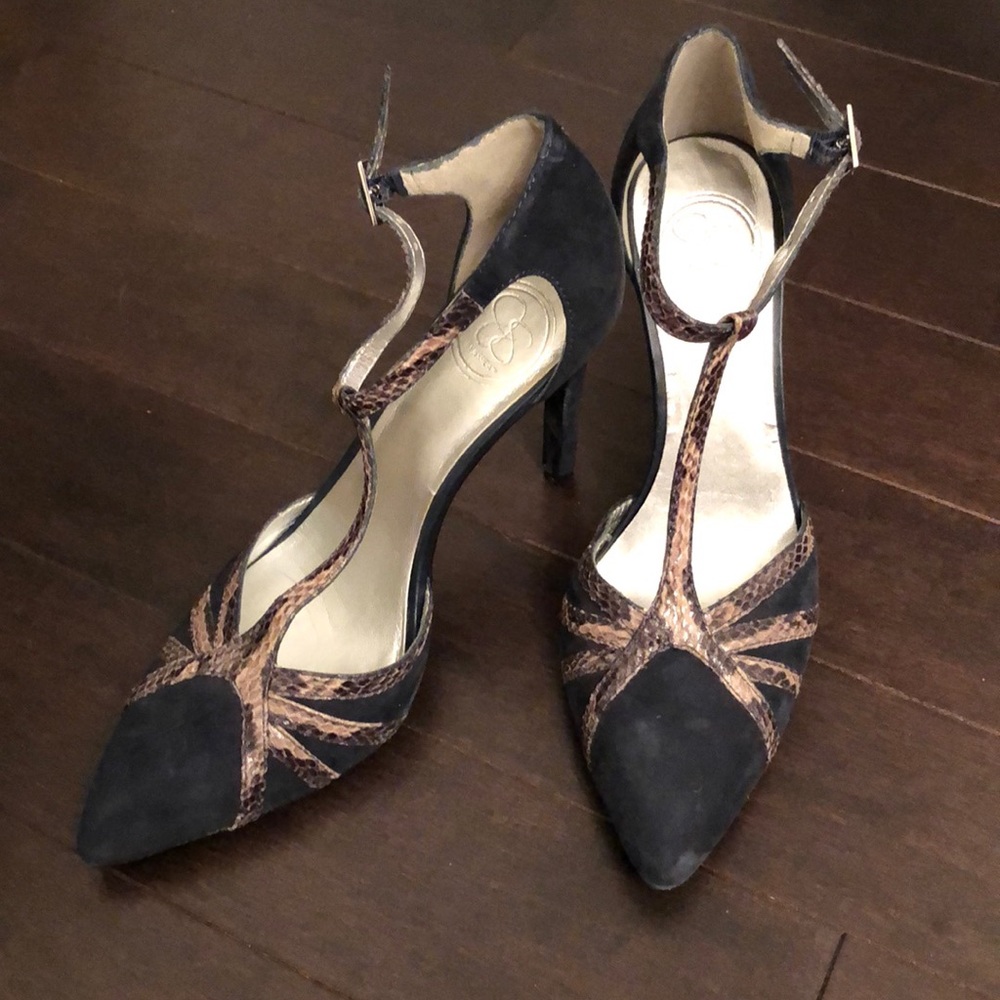 Genuine Suede + Snakeskin T Strap Heels